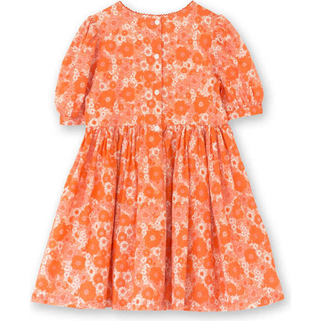 Girls Dress with Puff Sleeves, Ditsy Orange Floral