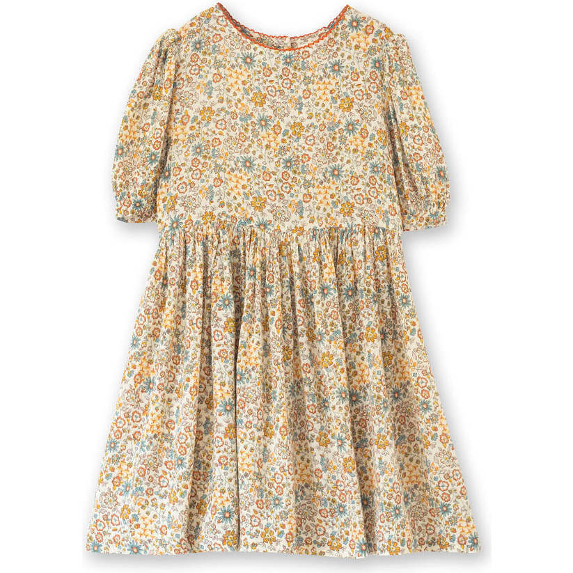 Girls Dress with Puff Sleeves, Orange and Blue Floral - Dresses - 1