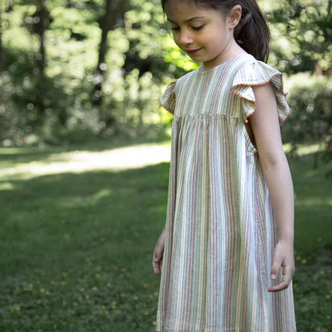 Girls Flutter Sleeves Hannah Dress, Mint Green Stripe - Dresses - 2