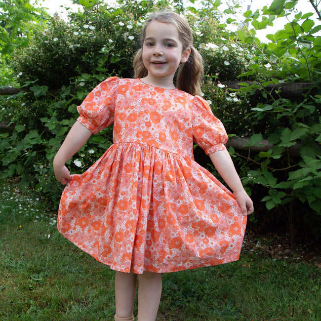 Girls Dress with Puff Sleeves, Ditsy Orange Floral - Dresses - 2