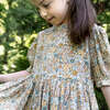 Girls Dress with Puff Sleeves, Orange and Blue Floral - Dresses - 2