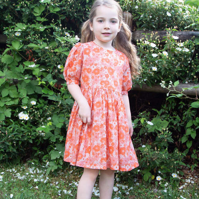 Girls Dress with Puff Sleeves, Ditsy Orange Floral - Dresses - 3