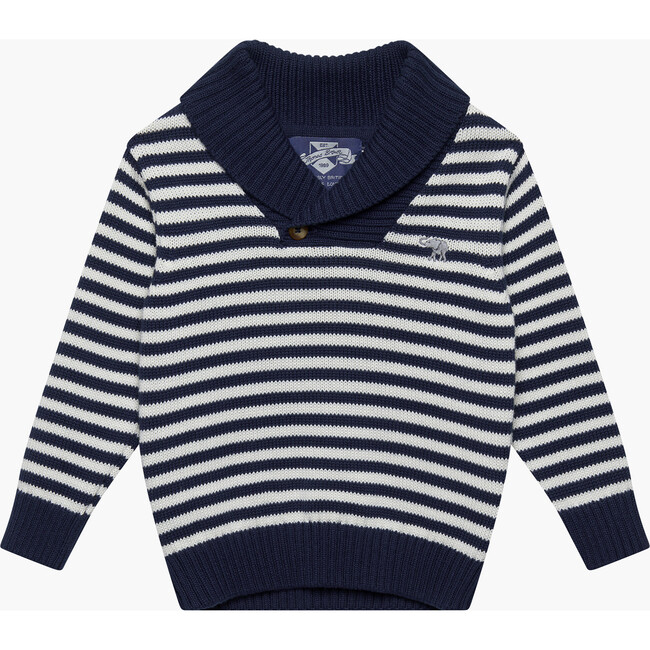 Little Freddie Shawl Collar Sweater, Navy Stripe