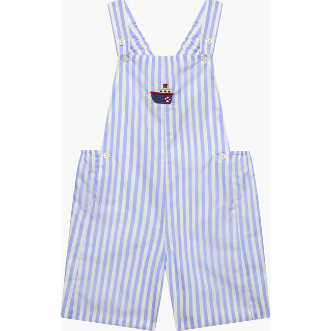 Little Alexander Tugboat Bib Shorts, Pale Blue Stripe