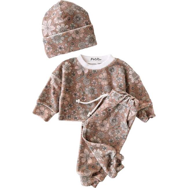 Terry Sweater + Sweatpants Set with Beanie, Bold Floral/Caramel