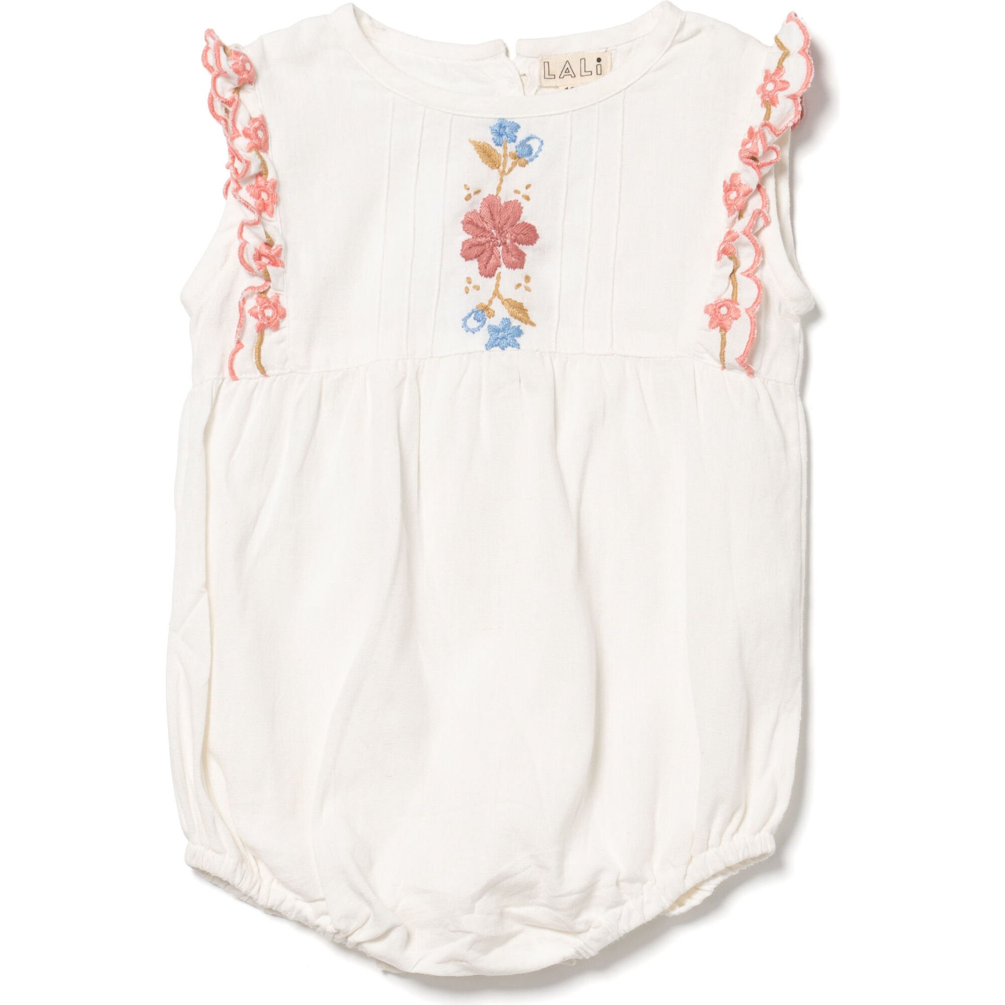 Flora Ruffle Embroidered Scalloped Edge Romper, Sand - Rompers - 1