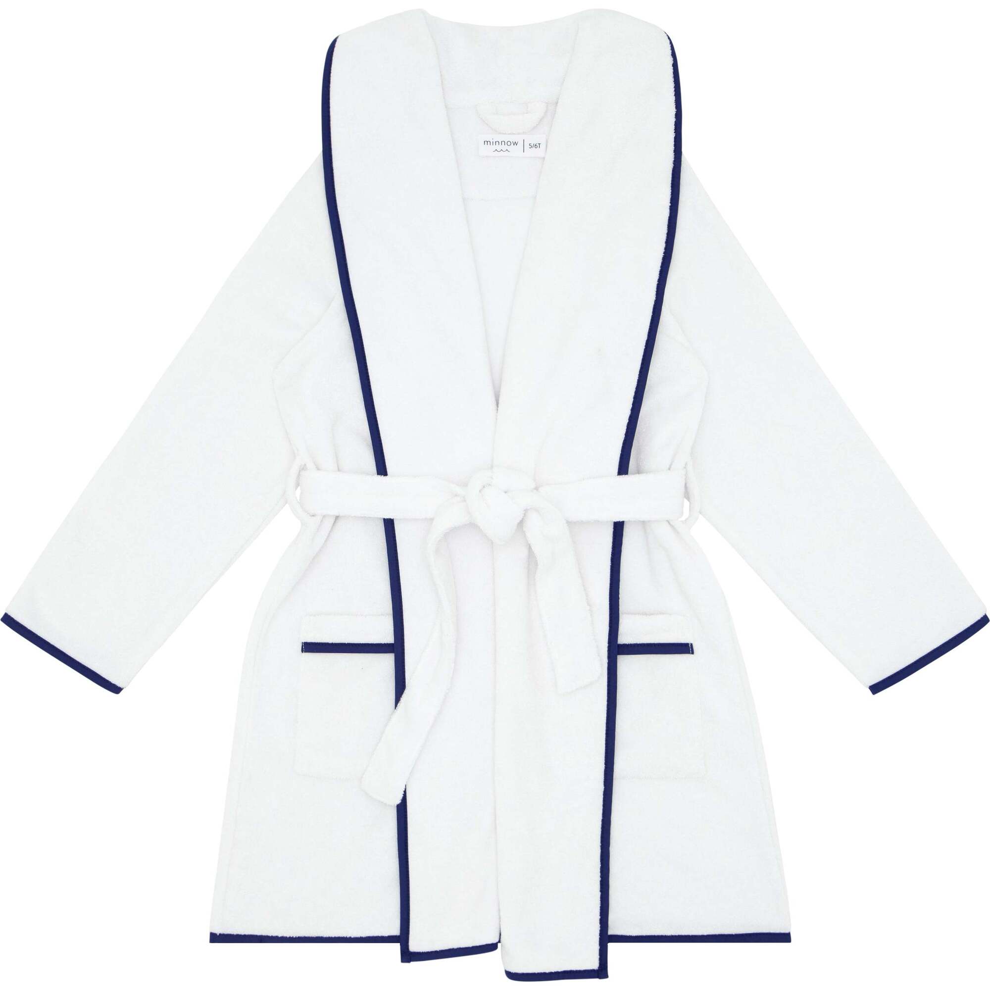 Unisex White French Terry Robe With Navy Trim - Robes - 1