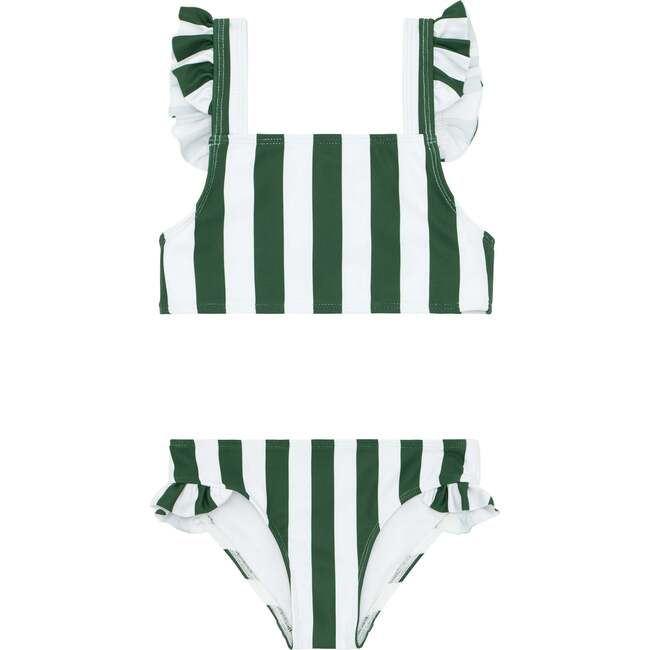 Girls Charleston Green Cabana Stripe Ruffle Strap Bikini