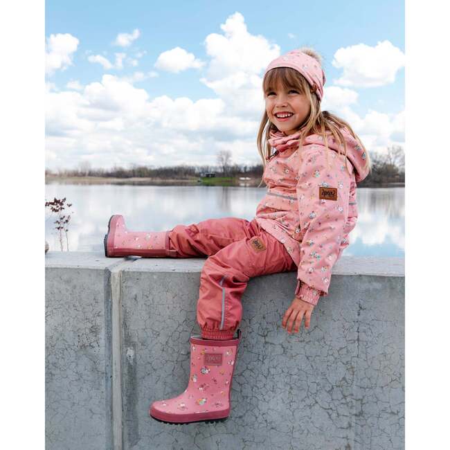 Two Piece Hooded Coat And Pant Mid-Season Set, Pink Little Flowers Print - Raincoats - 2