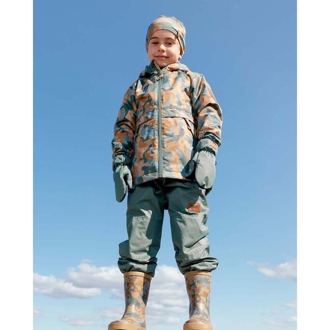 Two Piece Hooded Coat And Pant Mid-Season Set, Beige Printed Camo Dinos Forest Green - Raincoats - 2