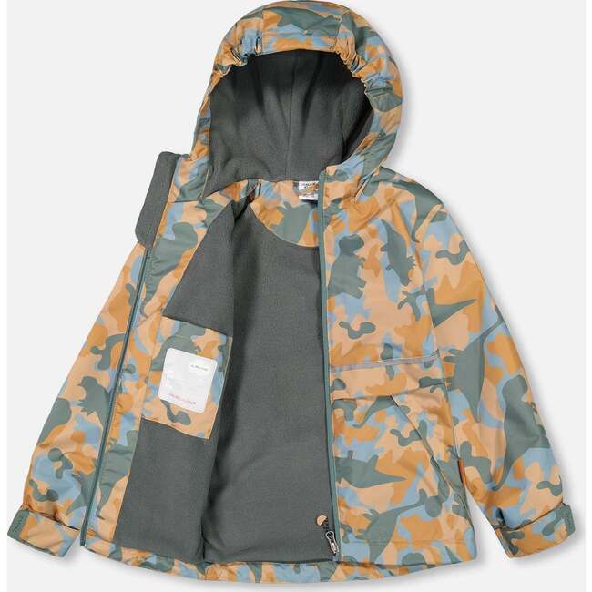 Two Piece Hooded Coat And Pant Mid-Season Set, Beige Printed Camo Dinos Forest Green - Raincoats - 3