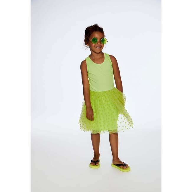 Shiny Ribbed Dress With Mesh Flocking, Lime - Dresses - 2