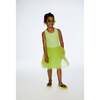 Shiny Ribbed Dress With Mesh Flocking, Lime - Dresses - 2