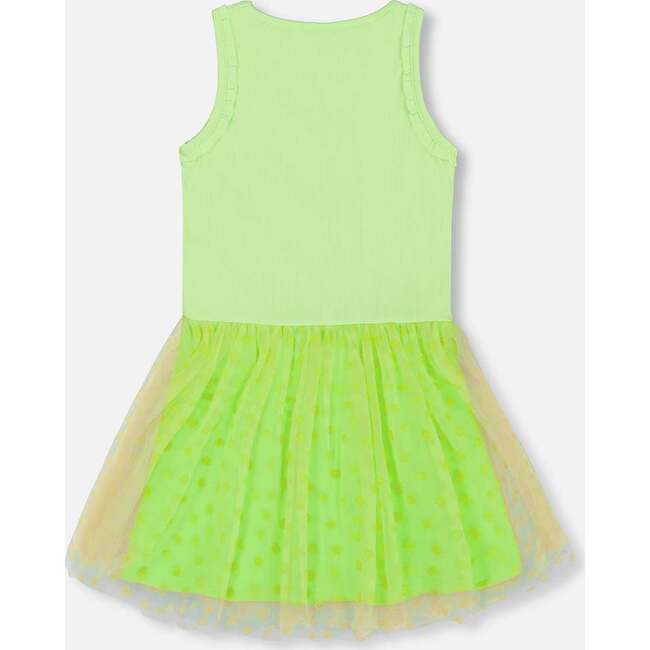 Shiny Ribbed Dress With Mesh Flocking, Lime - Dresses - 3