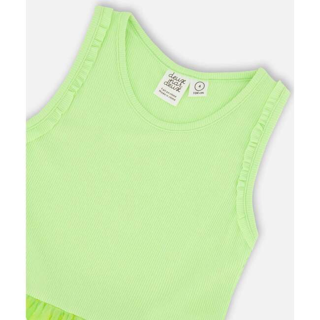 Shiny Ribbed Dress With Mesh Flocking, Lime - Dresses - 4