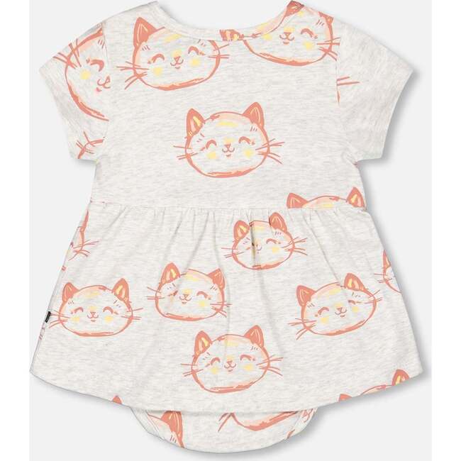 Organic Cotton Printed Romper, Heather Beige With Printed Cat - Rompers - 2