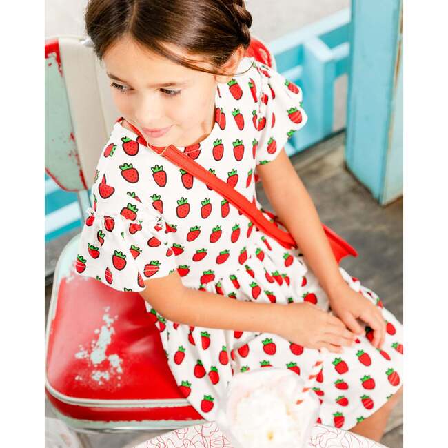 Organic Cotton Dress With Flounce Sleeves, White Printed Pop Strawberry - Dresses - 2