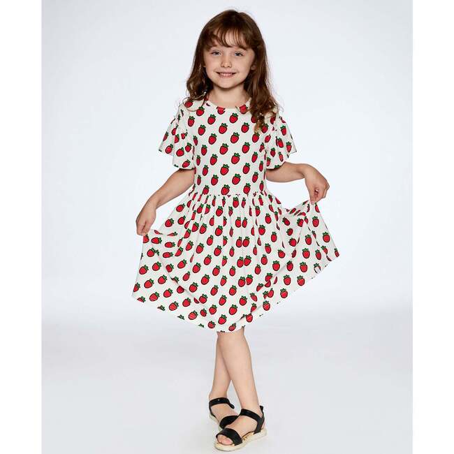 Organic Cotton Dress With Flounce Sleeves, White Printed Pop Strawberry - Dresses - 3