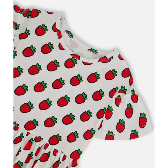 Organic Cotton Dress With Flounce Sleeves, White Printed Pop Strawberry - Dresses - 5