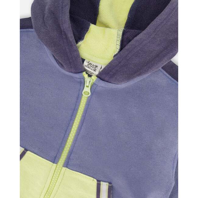 French Terry Hooded Cardigan, Blue And Lime - Sweatshirts - 4