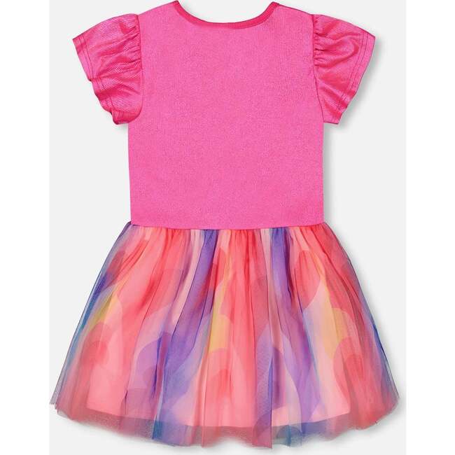 Bi-Material Shiny Rib And Mesh Dress, Fuchsia With Printed Rainbow Heart - Dresses - 3