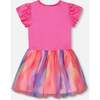 Bi-Material Shiny Rib And Mesh Dress, Fuchsia With Printed Rainbow Heart - Dresses - 3