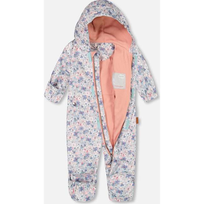 Baby Mid-Season One Piece With Hat, Baby Blue Printed Watercolor Flowers - Raincoats - 3