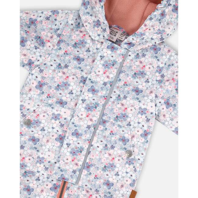 Baby Mid-Season One Piece With Hat, Baby Blue Printed Watercolor Flowers - Raincoats - 5