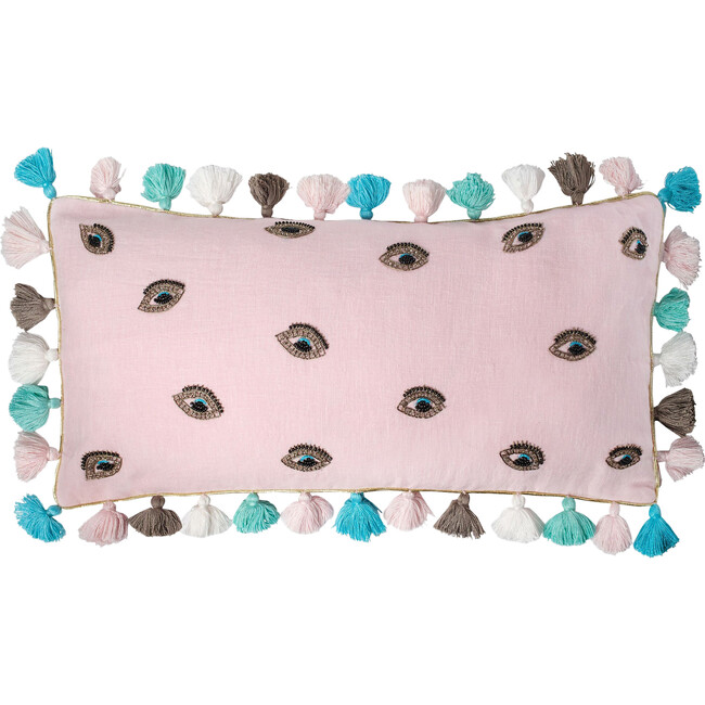 Embroidered Evil Eye Pillow, Pale Pink Linen