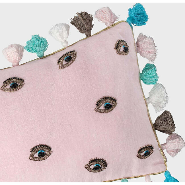 Embroidered Evil Eye Pillow, Pale Pink Linen - Decorative Pillows - 2