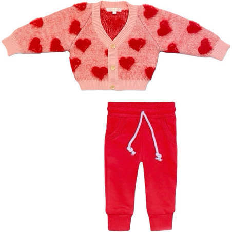 Heart to Heart Cozy Cardigan & Terry Pant Set, Red