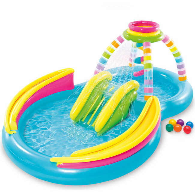 Rainbow Funnel Inflatable Play Center - Kids Waterslide Playground, Colorful Water Sprayer, Slide & Wade Pool