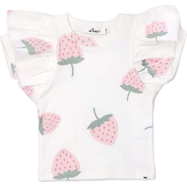 Strawberry Dark Pink Cotton Baby Rib Butterfly Sleeve Tee, Cream