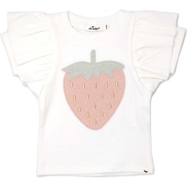 Strawberry Applique Cotton Baby Rib Butterfly Sleeve Tee, Cream