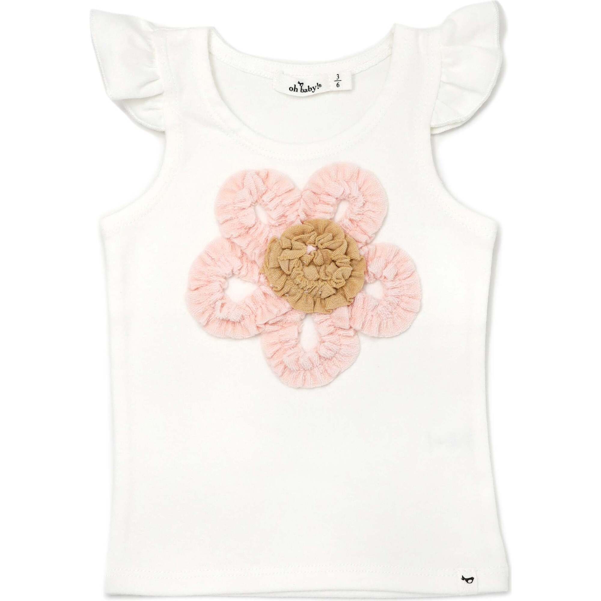 Ruffle Flower Applique Baby Rib Flutter Sleeve Tank, Cream - oh