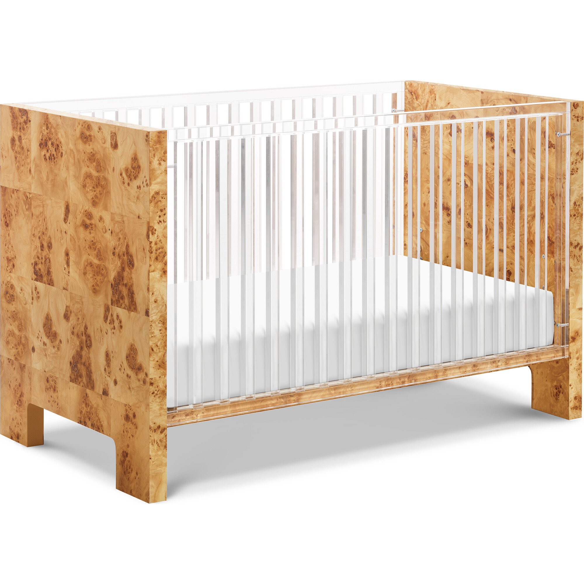 Altair Burl Wood Crib Clear Acrylic Nursery Works Cribs Bassinets Maisonette