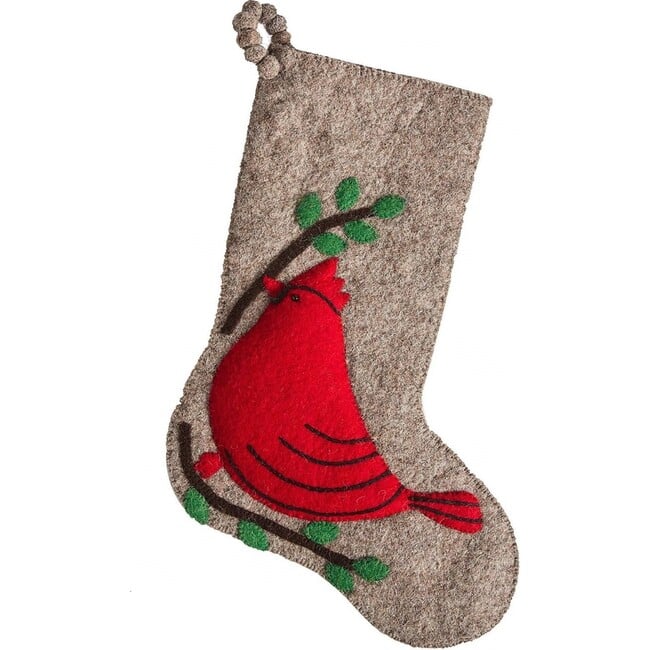 Christmas Stocking in Hand Felted Wool, Cardinal on Gray - Stockings - 2