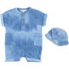 Tie-Dye Waffle Romper & Hat Set, Blue - Rompers - 1 - thumbnail