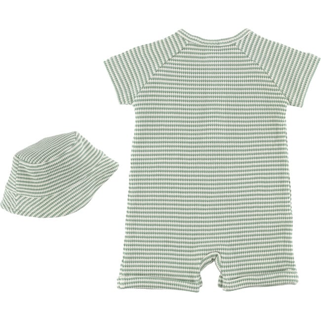 Waffle Romper & Hat Set, Green - Rompers - 3