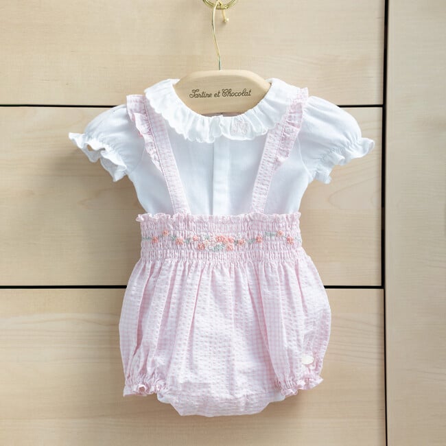 Sweet Embroidered Gingham Romper, Pink - Rompers - 4