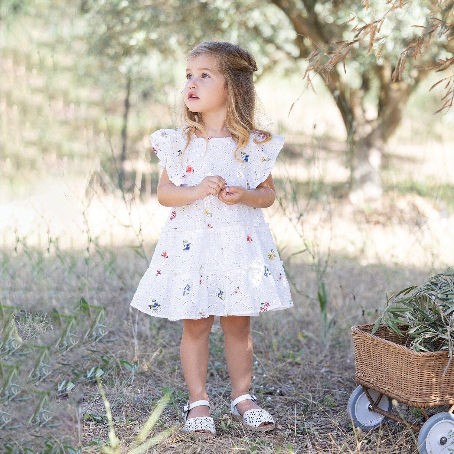 All Over Floral Print Eyelet Baby Dress White