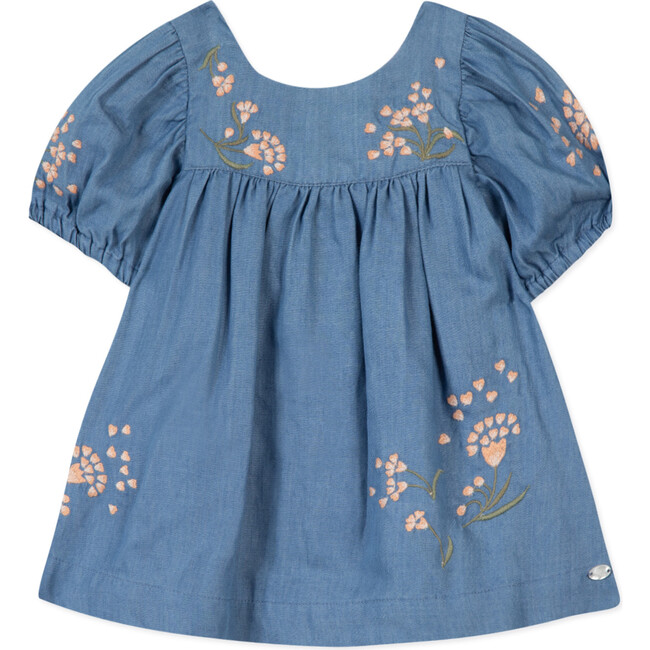 Floral Embroidered Chambray Baby Dress, Blue