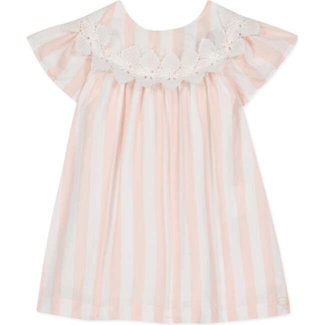 Fuzz Striped Embroidered Lace Applique Baby Dress, Peach