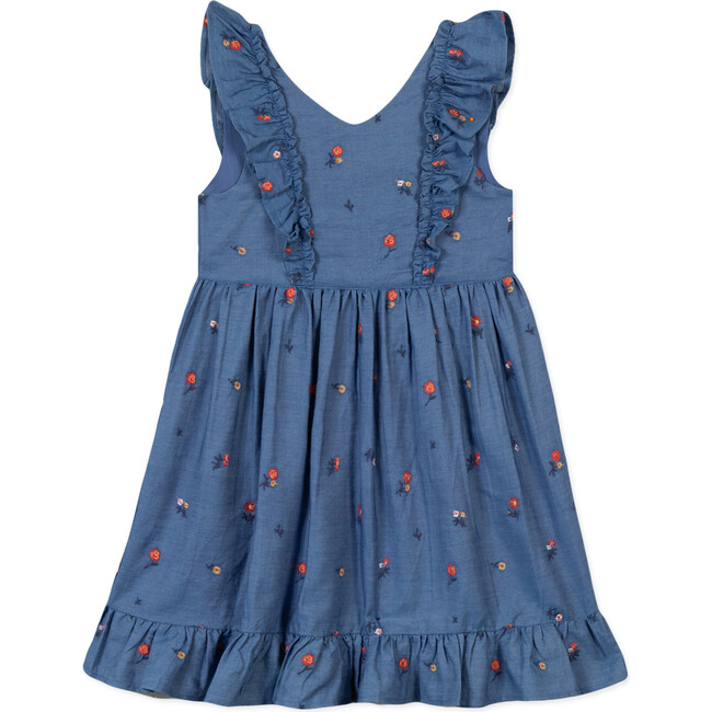 Floral Embroidered Chambray Dress, Blue