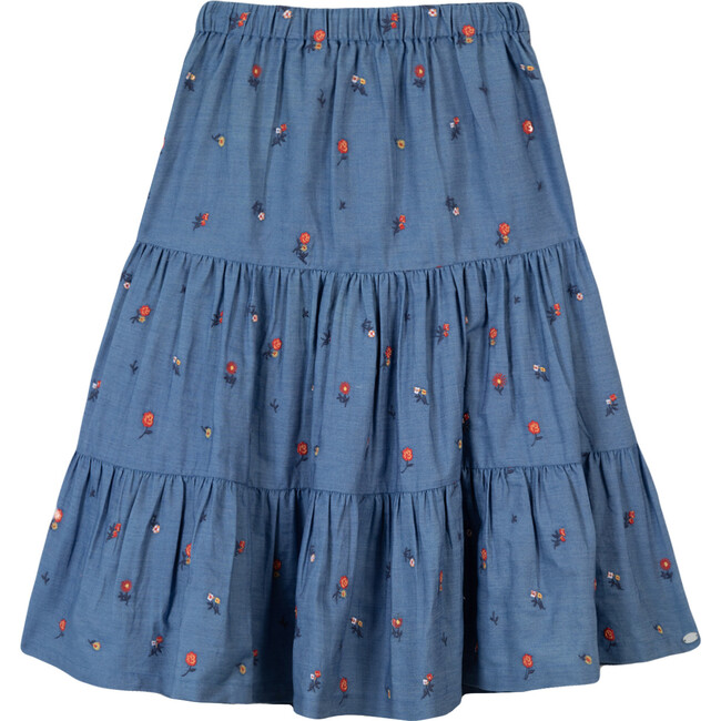 Floral Embroidered Chambray Midi Skirt, Blue