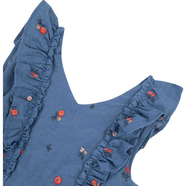 Floral Embroidered Chambray Dress, Blue - Dresses - 3