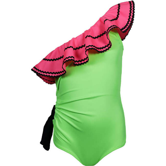 Pari Ruffle One Shoulder One-Piece Swimsuit, Neon Green & Neon Pink