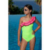 Pari Ruffle One Shoulder One-Piece Swimsuit, Neon Green & Neon Pink - One Pieces - 2