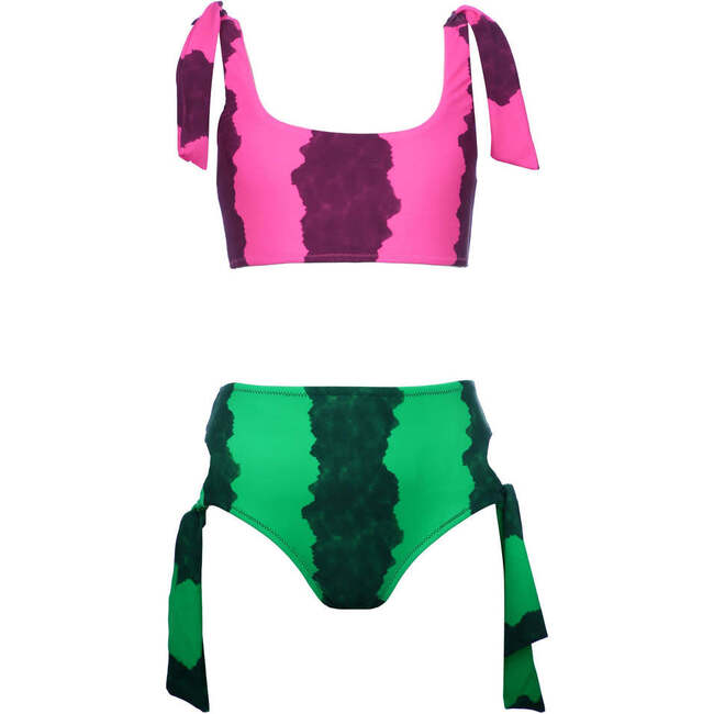 June Tie-Shoulder Sleeveless Two-Piece Bikini, Pink & Green