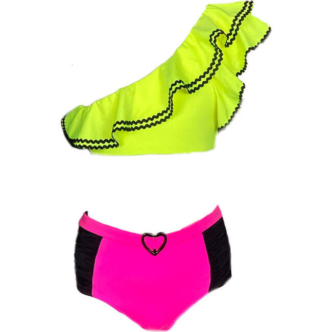 Izzy Sleeveless Two-Piece Bikini, Neon Yellow & Neon Pink